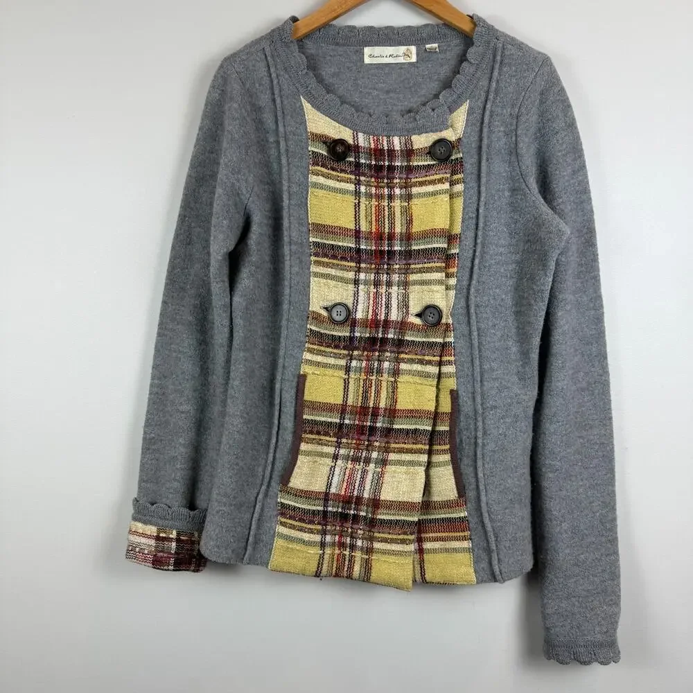 Anthropologie Charlie & Robin Cardigan Women L Gray Wool Plaid Button Front Prep